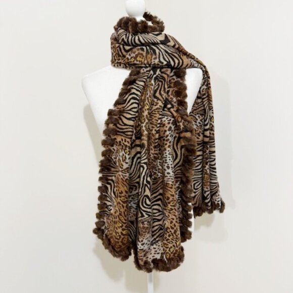 Dena Animal Print Cashmere w/ Dyed Rex Rabbit Fur Trim Wrap Scarf 70" L x 26" W - Picture 1 of 6